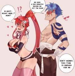 Rule 34 | !?, 1boy, 1girl, bikini, bikini top only, black pants, black shorts, blue hair, blush, breasts, bulge, cowboy shot, erection, erection under clothes, from side, grin, heart, heart-shaped pupils, high ponytail, kamina (ttgl), large breasts, long hair, looking back, mitue, open mouth, pants, pink background, pink thighhighs, ponytail, red hair, saliva, scarf, short shorts, shorts, sidelocks, simple background, smile, speech bubble, standing, sunglasses, swimsuit, symbol-shaped pupils, tattoo, teeth, tengen toppa gurren lagann, text focus, thighhighs, upper teeth only, yellow eyes, yoko littner