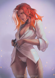 Rule 34 | 1girl, artist name, borrowed character, braid, breasts, buttons, collared shirt, commentary, dark-skinned female, dark skin, dress shirt, english commentary, eva solo, expressionless, highres, large breasts, lips, long hair, looking at viewer, multicolored hair, no pants, orange eyes, orange hair, original, panties, red hair, scar, scar on arm, scar on breasts, scar on leg, shirt, solo, standing, twitter logo, two-tone hair, underwear, white panties, white shirt, wide sleeves