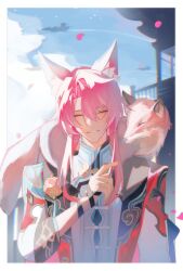 Rule 34 | 1boy, absurdres, aircraft, airplane, animal, animal ear fluff, animal ears, animal on shoulder, blue sky, border, building, chinese clothes, closed eyes, cloud, commentary request, facing viewer, fox, fox ears, high collar, highres, honkai: star rail, honkai (series), jacket, jiaoqiu (honkai: star rail), male focus, medium hair, pink hair, red jacket, ronya b6, sky, smile, solo, upper body, white jacket