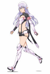 Rule 34 | 1girl, boots, breasts, cleavage, cleavage cutout, clothing cutout, fingerless gloves, flat chest, glasses, gloves, groin, headdress, kawagoe pochi, light purple hair, lowleg, maid headdress, midriff, navel, neighbor quartz, over-kneehighs, parted lips, phantasy star, phantasy star online 2, pointy ears, purple eyes, running, short shorts, shorts, simple background, solo, thigh boots, thighhighs, walking, white background, white thighhighs