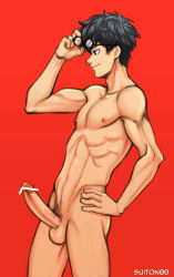 Rule 34 | 10s, 1boy, abs, amamiya ren, black hair, censored, erection, glasses, highres, looking away, male focus, muscular, nude, penis, persona, persona 5, smile, solo, suiton, testicles