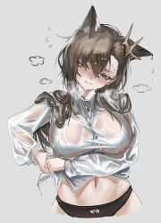 Rule 34 | 1girl, absurdres, alternate costume, animal ears, arknights, asymmetrical hair, black panties, blush, braid, braided ponytail, breasts, breath, brown hair, collared shirt, commentary, covered erect nipples, cowboy shot, cropped legs, dress shirt, flying sweatdrops, furrowed brow, grey background, hair ornament, highres, large breasts, long hair, long sleeves, looking down, mole, mole on forehead, navel, nipples, panties, parted lips, penance (arknights), see-through, shirt, simple background, solo, standing, stomach, underwear, watanab1019, wet, wet clothes, wet shirt, wing collar, wolf ears, wolf girl, wringing clothes, yellow eyes