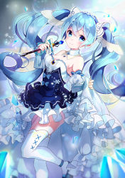 Rule 34 | 1girl, absurdres, bare shoulders, blue bow, blue dress, blue eyes, blue footwear, blue hair, blush, bow, breasts, center frills, cleavage, closed mouth, commentary request, detached sleeves, dress, dutch angle, frills, gem, goroo (eneosu), hair between eyes, hatsune miku, highres, holding, holding wand, huge filesize, layered sleeves, long hair, long sleeves, looking at viewer, medium breasts, puffy short sleeves, puffy sleeves, shoes, short over long sleeves, short sleeves, sleeves past wrists, smile, snowflakes, solo, strapless, strapless dress, thighhighs, tiara, twintails, very long hair, vocaloid, wand, white thighhighs, yuki miku
