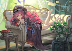 Rule 34 | 1girl, absurdres, al guang, armband, barefoot, black coat, black headwear, blue archive, book, checkered floor, coat, couch, curtains, drawing (object), flower, grey eyes, halo, hat, highres, indoors, iroha (blue archive), long hair, long sleeves, looking at viewer, lying, on couch, on stomach, open mouth, peaked cap, purple halo, red armband, red hair, safety pin, smile, white flower