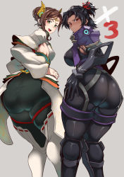 Rule 34 | 2girls, alexandria (xenoblade), ashera (xenoblade), ass, ass focus, bad id, bad twitter id, brown hair, dark-skinned female, dark skin, from behind, hand on own ass, highres, huge ass, leaning forward, looking back, multiple girls, nuezou, simple background, thighs, xenoblade chronicles (series), xenoblade chronicles 3