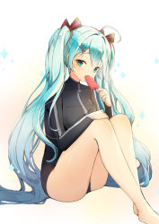 Rule 34 | 1girl, ahoge, bad id, bad pixiv id, bare legs, barefoot, black bow, black leotard, blush, bow, closed mouth, commentary, food, full-length zipper, green eyes, green hair, hair between eyes, hair bow, hair ornament, hairclip, hatsune miku, head tilt, holding, holding food, leotard, long hair, long sleeves, looking at viewer, popsicle, sitting, solo, striped, striped bow, tp (kido 94), very long hair, vocaloid, x hair ornament, zipper