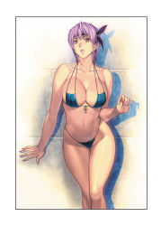Rule 34 | 1girl, arm support, ayane (doa), bare shoulders, bikini, blue bikini, breasts, cleavage, collarbone, curvy, dead or alive, fingernails, front-tie top, halterneck, headband, highleg, highleg bikini, highleg swimsuit, highres, hip focus, homare (fool&#039;s art), large breasts, leaning forward, legs, looking at viewer, nail polish, navel, parted lips, pink eyes, purple hair, serious, shadow, short hair, simple background, solo, standing, swimsuit, thigh gap, thighs, wall