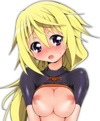 Rule 34 | 10s, 1girl, blush, breasts, charlotte dunois, clothes lift, highres, infinite stratos, jewelry, long hair, medium breasts, naz (garyuuya), necklace, nipples, open mouth, pilot suit, purple eyes, shirt lift, solo