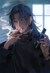 Rule 34 | 1boy, absurdres, black eyes, black hair, black sweater, cigarette, commentary request, getou suguru, half-closed eyes, highres, holding, holding cigarette, jujutsu kaisen, long hair, long sleeves, male focus, mouth hold, parted bangs, piercing, plug (piercing), sally chang, smoke, smoking, solo, sweater, turtleneck, turtleneck sweater, upper body, window