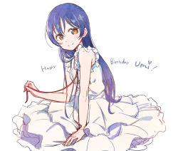 Rule 34 | 1girl, blue hair, blush, brown eyes, character name, closed mouth, dress, frilled dress, frills, from side, hair between eyes, hand up, happy birthday, heart, holding, holding ribbon, long hair, looking at viewer, love live!, love live! school idol project, red ribbon, ribbon, short sleeves, simple background, sketch, smile, solo, sonoda umi, tanaka (colorcorn), white background, white dress