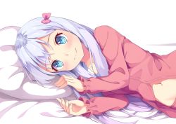 Rule 34 | 1girl, absurdres, bed sheet, blue eyes, bow, collarbone, eromanga sensei, from side, hair bow, highres, izumi sagiri, long hair, looking at viewer, lying, midriff, navel, on side, open clothes, open shirt, pillow, pink bow, pink shirt, shirt, silver hair, smile, solo, stomach