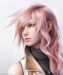 Rule 34 | 10s, 1girl, blue eyes, eyebrows, final fantasy, final fantasy xiii, jason peng, jewelry, lightning farron, lips, long hair, looking to the side, necklace, nose, pink hair, pink lips, realistic, solo, swept bangs, turtleneck