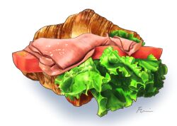 Rule 34 | aon968, commentary request, croissant, food, food focus, ham, lettuce, meat, no humans, original, realistic, sandwich, signature, simple background, still life, white background