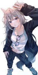 1girl animal_ears glasses grey_hair highres omichi_1219 original sportswear tail wolf_ears wolf_tail