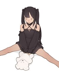 Rule 34 | 1girl, absurdres, black dress, black hair, closed eyes, closed mouth, commission, criss-cross halter, detached sleeves, dress, facing viewer, feet out of frame, halterneck, highres, long hair, long sleeves, luimiart, original, simple background, sitting, sketch, smile, solo, stuffed animal, stuffed toy, teddy bear, twintails, white background