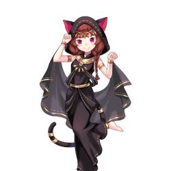 Rule 34 | 1girl, animal ears, animal hood, anklet, armlet, artist request, bare shoulders, barefoot, black dress, blunt bangs, blush, bracelet, braid, breasts, brown hair, cat ears, cat hood, cat tail, circlet, clenched hands, dress, egyptian clothes, facing viewer, fake animal ears, fake tail, full body, gem, grin, hair over shoulder, hair tie, hands up, happy, hood, jewelry, leg lift, legs together, long dress, long hair, looking at viewer, manekohime wenzudei, necklace, official art, parted bangs, paw pose, purple eyes, red gemstone, sash, see-through, shawl, small breasts, smile, solo, standing, standing on one leg, stitches, tail, tail ornament, tail ring, transparent background, twin braids, uchi no hime-sama ga ichiban kawaii, wednesday (uchi no hime-sama), white background