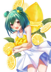 Rule 34 | 1girl, absurdres, arenoyoni, bare arms, bare shoulders, commentary request, cowboy shot, double bun, dress, fang, fang out, food, food-themed hair ornament, fruit, green hair, hair bun, hair ornament, highres, holding, holding food, hololive, lemon, lemon hair ornament, lemon slice, looking at viewer, open mouth, red eyes, short hair, simple background, skin fang, sleeveless, sleeveless dress, smile, solo, sundress, uruha rushia, virtual youtuber, white background, white dress