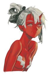Rule 34 | 1girl, breasts, collarbone, colored skin, fang, horns, looking at viewer, medium breasts, medium hair, muni (fdrk), oni, original, pointy ears, red eyes, red horns, red skin, silver hair, simple background, smile, solo, upper body, white background