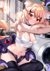 Rule 34 | 1girl, :&lt;, ahoge, animal ear fluff, animal ears, bare arms, bare shoulders, black shorts, black thighhighs, blonde hair, blush, breasts, cat ears, cat tail, choker, cleavage, commentary, crop top, crop top overhang, english commentary, facial mark, feet out of frame, groin, highres, indoors, lens flare, long hair, looking at viewer, medium breasts, micro shorts, midriff, navel, open fly, red eyes, shorts, shyrei faolan, solo, squchan, stomach, tail, tank top, tentacles, thighhighs, thighs, virtual youtuber, vyugen, washing machine, whisker markings, white tank top, window, window blinds