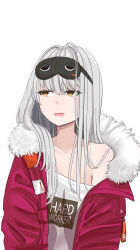 Rule 34 | 1girl, absurdres, bare shoulders, collarbone, drooling, frima (nikke), fur-trimmed jacket, fur collar, fur trim, goddess of victory: nikke, grey hair, highres, isayshow, jacket, long hair, looking to the side, mask, mask on head, off shoulder, open clothes, open jacket, red jacket, shirt, simple background, sleep mask, solo, t-shirt, upper body, white background, white shirt