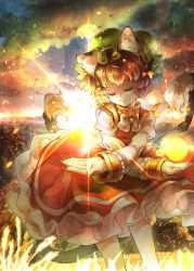 Rule 34 | 1girl, absurdres, animal ears, bad id, bad pixiv id, bow, brown hair, cat ears, cat tail, chen, closed eyes, cloud, earrings, facing viewer, frilled skirt, frills, hat, highres, im (badmasa), jewelry, lens flare, long sleeves, mob cap, multiple tails, nail polish, nekomata, outdoors, outstretched arms, palms, red nails, red skirt, red vest, short hair, single earring, skirt, skirt set, sky, sleeve cuffs, smile, solo, sunlight, tail, touhou, two tails, vest, white bow, x arms