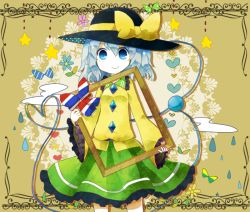 Rule 34 | 1girl, bad id, blue eyes, blue hair, bow, commentary request, flower, framed, frilled sleeves, frills, hat, hat bow, holding, komeiji koishi, komowata (m375375), matching hair/eyes, moyo (amaniwa), pleated skirt, shirt, simple background, skirt, skirt set, smile, solo, standing, star (symbol), string, third eye, touhou, water drop, wide sleeves