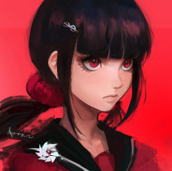 Rule 34 | 1girl, black hair, blunt bangs, closed mouth, commentary, danganronpa (series), danganronpa v3: killing harmony, hair ornament, hair over shoulder, hairclip, harukawa maki, long hair, low twintails, mole, mole under eye, pin, qosic, red background, red eyes, red scrunchie, red shirt, sailor collar, school uniform, scrunchie, serafuku, shirt, simple background, solo, twintails, upper body