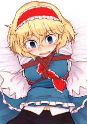 Rule 34 | 1girl, alice margatroid, arms behind back, bdsm, blonde hair, blue eyes, blush, bondage, bound, daitai konna kanji, female focus, hairband, lying, navel, on back, panties, panties under pantyhose, pantyhose, solo, touhou, underwear