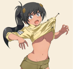 Rule 34 | 1girl, black hair, blush, breasts, brown eyes, clothes lift, green shorts, highres, large breasts, long hair, looking at viewer, luminous witches, manaia matawhaura hato, midriff, navel, no bra, noah (0bp3292), open mouth, ponytail, shirt lift, shorts, simple background, solo, underboob, wing ears, world witches series, yellow background