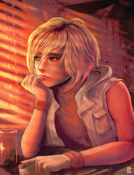 Rule 34 | 1girl, absurdres, arm on table, bare shoulders, blonde hair, blue eyes, collared jacket, hair between eyes, hand on own chin, heather mason, highres, indoors, jacket, lips, open clothes, open jacket, orange shirt, salt shaker, shirt, short hair, silent hill (series), silent hill 3, sitting, sleeveless, sleeveless jacket, solo, table, turtleneck, uchi vs the world, watermark, white jacket, window blinds, window shadow, wristband