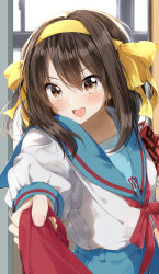 Rule 34 | 1girl, :d, absurdres, armband, blue sailor collar, blue skirt, blurry, blurry background, blush, bow, brown eyes, brown hair, collarbone, commentary request, depth of field, hair between eyes, hair bow, hairband, highres, kita high school uniform, long hair, long sleeves, looking at viewer, open mouth, partial commentary, pentagon (railgun ky1206), pov, red bow, sailor collar, school uniform, serafuku, shirt, skirt, smile, solo, suzumiya haruhi, suzumiya haruhi no yuuutsu, v-shaped eyebrows, white shirt, yellow bow, yellow hairband
