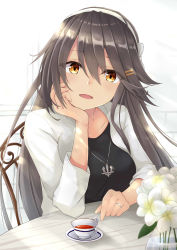 Rule 34 | 1girl, absurdres, alternate costume, black hair, black shirt, blush, breasts, brown eyes, casual, chair, cup, desk, elbow rest, flower, gensoukitan, hair ornament, hairband, hairclip, haruna (kancolle), head on hand, head rest, highres, indoors, jacket, jewelry, kantai collection, long hair, looking at viewer, medium breasts, open clothes, open jacket, open mouth, ring, saucer, shirt, sidelocks, sitting, smile, solo, sunlight, teacup, vase, wedding band, white flower, white jacket, window