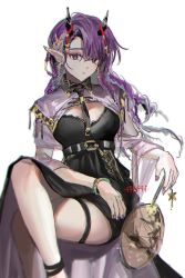 Rule 34 | 1girl, alternate costume, anklet, arknights, black dress, black necktie, bracelet, braid, breasts, clear (4ff44f), cleavage, closed mouth, crossed legs, dress, earrings, hand fan, highres, holding, holding fan, horns, jewelry, lava (arknights), lava the purgatory (arknights), lava the purgatory (dusk wisteria) (arknights), long hair, looking at viewer, medium breasts, multiple braids, nail polish, necktie, paper fan, pointy ears, purple eyes, purple hair, purple nails, scissors hair ornament, see-through, signature, simple background, sitting, solo, thigh strap, uchiwa, underbust, very long hair, white background