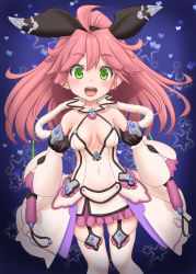 Rule 34 | 1girl, blue background, blush, bow, breasts, collarbone, commentary request, detached sleeves, flower knight girl, garter belt, green eyes, hair between eyes, hair bow, highres, long hair, looking at viewer, medium breasts, solo, star (symbol), starry background, stock (flower knight girl), t2r, thighhighs, white thighhighs