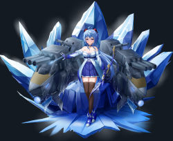 Rule 34 | 1girl, absurdres, ahoge, alternate costume, azur lane, bare shoulders, black thighhighs, blue hair, bow (weapon), breasts, choker, cleavage, collarbone, commentary request, detached sleeves, fingerless gloves, full body, ganyu (genshin impact), genshin impact, gloves, hair between eyes, highres, holding, holding bow (weapon), holding weapon, horns, long hair, long sleeves, looking at viewer, machinery, pleated skirt, purple eyes, sidelocks, simple background, skirt, skym (kumei), solo, standing, strapless, thighhighs, turret, weapon, zettai ryouiki