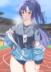 Rule 34 | 1girl, absurdres, black hair, blue archive, blue eyes, blurry, buruma, collarbone, commentary request, depth of field, gym shirt, hair between eyes, halo, hand on own hip, highres, id card, jacket, long hair, long sleeves, looking at viewer, official alternate costume, olecafe2, parted bangs, ponytail, running track, shirt, sidelocks, solo, stadium, sweat, track jacket, wet, wet clothes, yuuka (blue archive), yuuka (track) (blue archive)