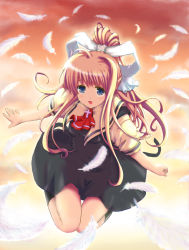 Rule 34 | 00s, 1girl, air (visual novel), blonde hair, blue eyes, bow, bowtie, feathers, flying, full body, hair ribbon, kamio misuzu, kashi, long hair, looking at viewer, looking back, outstretched arms, ponytail, red bow, red bowtie, red hair, ribbon, sidelocks, solo, very long hair, white ribbon