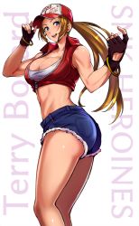Rule 34 | 1girl, :d, ass, bandeau, bare shoulders, baseball cap, black gloves, blonde hair, blue eyes, blue shorts, bracelet, breasts, character name, cleavage, collared vest, cutoffs, denim, denim shorts, fatal fury, fingerless gloves, genderswap, genderswap (mtf), gloves, hat, highres, jewelry, large breasts, long hair, looking at viewer, looking back, micro shorts, midriff, muscular, muscular female, open clothes, open mouth, open vest, ponytail, pukara, red vest, short shorts, shorts, smile, snk, snk heroines: tag team frenzy, solo, terry bogard, the king of fighters, thighs, very long hair, vest, zipper