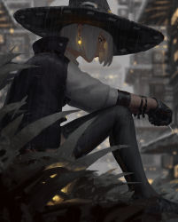 Rule 34 | 1girl, absurdres, black gloves, black thighhighs, blue eyes, bob cut, cape, cigarette, commentary, earrings, english commentary, from side, gloves, glowing, glowing earrings, guweiz, hat, high collar, highres, jewelry, lips, nose, original, outdoors, rain, sitting, smoking, solo, thighhighs, white hair, witch hat