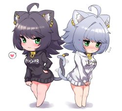 Rule 34 | 2girls, :3, ahoge, animal ear fluff, animal ears, bare legs, barefoot, black hair, black hoodie, blush, cat ears, cat girl, cat tail, chibi, clothes writing, collar, commentary request, ear piercing, flying sweatdrops, frown, full body, green eyes, grey hair, hand on own hip, heart, hood, hoodie, intertwined tails, long sleeves, medium hair, multiple girls, ngetyan, nose blush, original, piercing, renge (ngetyan), ringe (ngetyan), siblings, simple background, sisters, smile, spoken heart, tail, tail ornament, tail ring, v-shaped eyebrows, v arms, white background, white hoodie