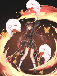 Rule 34 | 1girl, ;d, animal, arm up, black footwear, black hat, black jacket, black nails, black shorts, brown hair, bug, butterfly, chahei, commentary request, fire, flower, flower-shaped pupils, genshin impact, ghost, hat, hat flower, highres, holding, holding weapon, hu tao (genshin impact), insect, jacket, long hair, long sleeves, looking at viewer, nail polish, one eye closed, open mouth, red eyes, red flower, red shirt, shirt, shoes, short shorts, shorts, smile, socks, solo, symbol-shaped pupils, twintails, very long hair, weapon, white socks, wide sleeves
