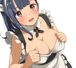 Rule 34 | 1girl, apron, blue eyes, blush, breasts, brown eyes, cleavage, commentary request, covered erect nipples, detached collar, doushimasho, frilled apron, frills, hairband, large breasts, long hair, looking at viewer, maid apron, open mouth, original, ponytail, ribbon, simple background, solo, sweat, upper body, white background, white hairband, white ribbon