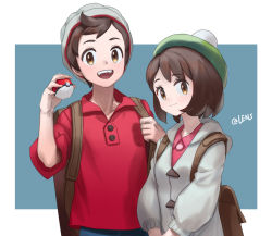 Rule 34 | 1boy, 1girl, artist name, backpack, bag, beanie, blue background, brown hair, cardigan, closed mouth, collarbone, creatures (company), denim, eyebrows, game freak, gloria (pokemon), green hat, grey cardigan, hat, jeans, long sleeves, looking at viewer, matching hair/eyes, nintendo, open mouth, pants, poke ball, poke ball (basic), pokemon, pokemon swsh, red shirt, shirt, short hair, simple background, smile, t-shirt, tagme, tam o&#039; shanter, teeth, victor (pokemon), yufei lin