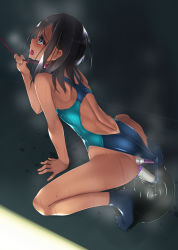 Rule 34 | 1girl, anal, anal object insertion, ass, back, bdsm, black hair, blue eyes, blue socks, blue one-piece swimsuit, blush, censored, collar, competition swimsuit, crying, crying with eyes open, double penetration, highres, kneeling, leash, long hair, mosaic censoring, murakami suigun, object insertion, one-piece swimsuit, one-piece tan, open mouth, original, pee, peeing, peeing self, sex toy, shadow, socks, solo, spread legs, sweat, sweatdrop, swimsuit, tan, tanline, tearing up, tears, teeth, trembling, vaginal, vaginal object insertion, vibrator, vibrator under clothes