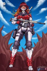 Rule 34 | 1girl, armor, armored bodysuit, battle rifle, bbc-chan, blonde hair, blue sky, borrowed character, breastplate, breasts, collaboration, colorized, commentary, commission, cyborg, dark-skinned female, dark skin, english commentary, from below, full body, gradient hair, gun, highres, holding, holding gun, holding weapon, holster, holstered, joints, knee pads, large breasts, long hair, making-of available, military operator, multicolored hair, neon trim, original, paid reward available, red eyes, red hair, rifle, robot joints, science fiction, sky, solo, somedudedrawing, suppressor, thigh holster, thigh strap, trigger discipline, weapon