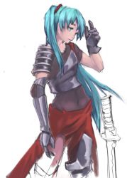Rule 34 | 1girl, armor, asymmetrical clothes, breastplate, gloves, greaves, green eyes, green hair, hatsune miku, matching hair/eyes, navel, partially colored, pauldrons, riftgarret, shirt, shoulder armor, solo, sword, t-shirt, vambraces, vocaloid, weapon, unfinished