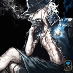 Rule 34 | 1boy, bare pectorals, black gloves, black jacket, cigarette, covering own mouth, edmond dantes (fate), edmond dantes (monte cristo selection) (fate), epaulettes, eyelashes, fate/grand order, fate (series), gloves, half gloves, hat, highres, jacket, koshika rina, long hair, male focus, open clothes, open jacket, pectorals, profile, scar, signature, sitting, smoking, solo, white hair, yellow eyes