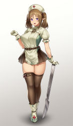 Rule 34 | 1girl, :d, belt, boots, breasts, brown hair, brown thighhighs, commentary request, cross, crossed legs, elf, flask, full body, gloves, gradient background, hand up, hat, highres, houtengeki, medium breasts, nurse, nurse cap, open mouth, original, oversized object, pointy ears, puffy short sleeves, puffy sleeves, purple eyes, red cross, scalpel, short sleeves, simple background, smile, solo, thigh strap, thighhighs, twintails, watson cross, white background, white footwear, white gloves, zettai ryouiki