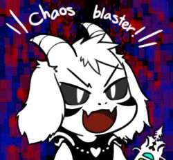 Rule 34 | &gt;:d, 1boy, :d, asriel dreemurr, bad id, bad pixiv id, black sclera, chibi, colored sclera, english text, facial mark, fangs, furry, furry male, gyate gyate, heart pendant, horns, jewelry, lowres, male focus, monster, monster boy, necklace, open mouth, portrait, smile, solo, spoilers, undertale, upper body, v-shaped eyebrows, weapon, white hair, yaruky