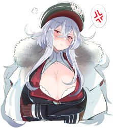 Rule 34 | 1girl, absurdres, anger vein, azur lane, blush, breasts, cleavage, commentary request, fur trim, gloves, graf zeppelin (azur lane), hair between eyes, hat, hey taisyou, highres, huffing, large breasts, long hair, looking at viewer, peaked cap, red eyes, silver hair, solo, spoken anger vein, uniform, upper body, very long hair